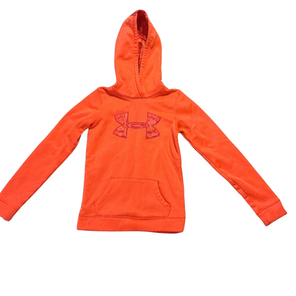 Under Armour Youth Hoodie, Size YSM, Orange w/ Pink/Orange Camo